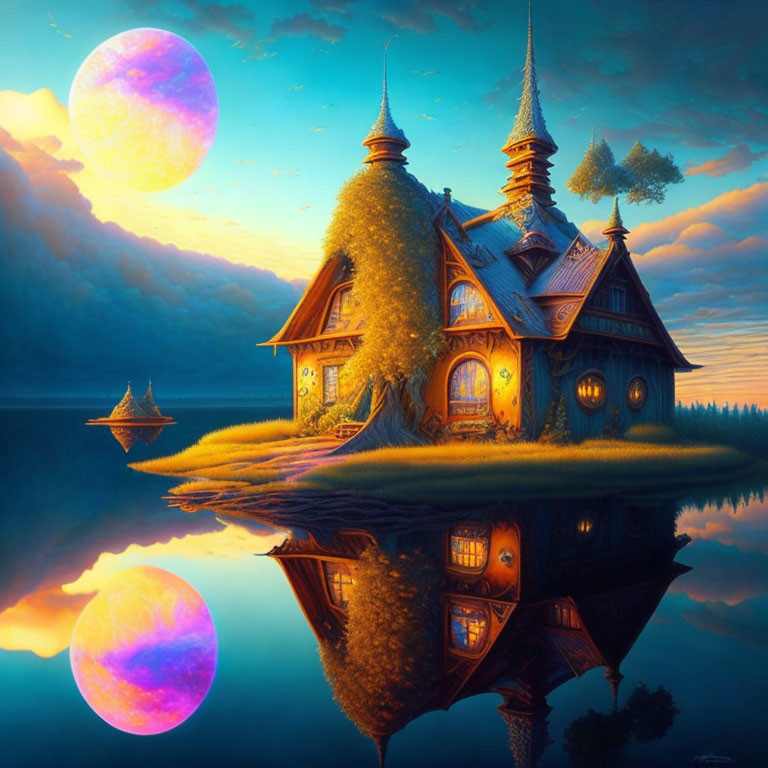 Whimsical house with pointy roofs by a still lake under a purple moon