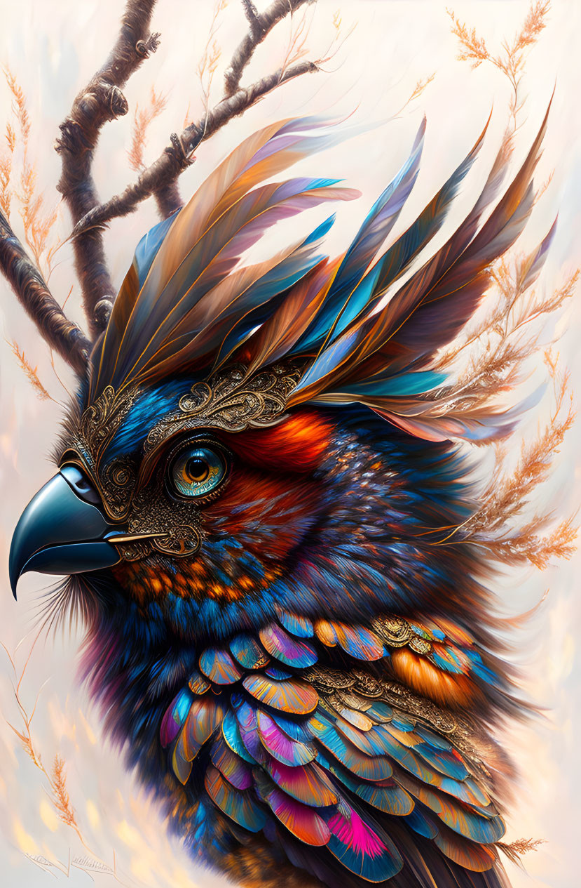 Colorful digital artwork: Vibrant bird with metallic mask and intricate feathers on soft background