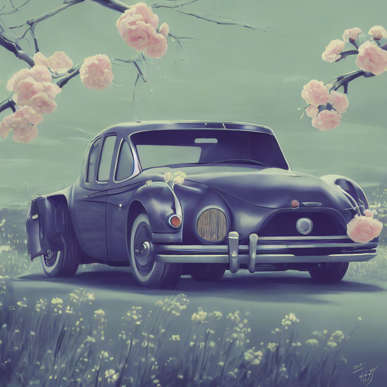 Vintage car adorned with flowers in grassy field under blossoming tree