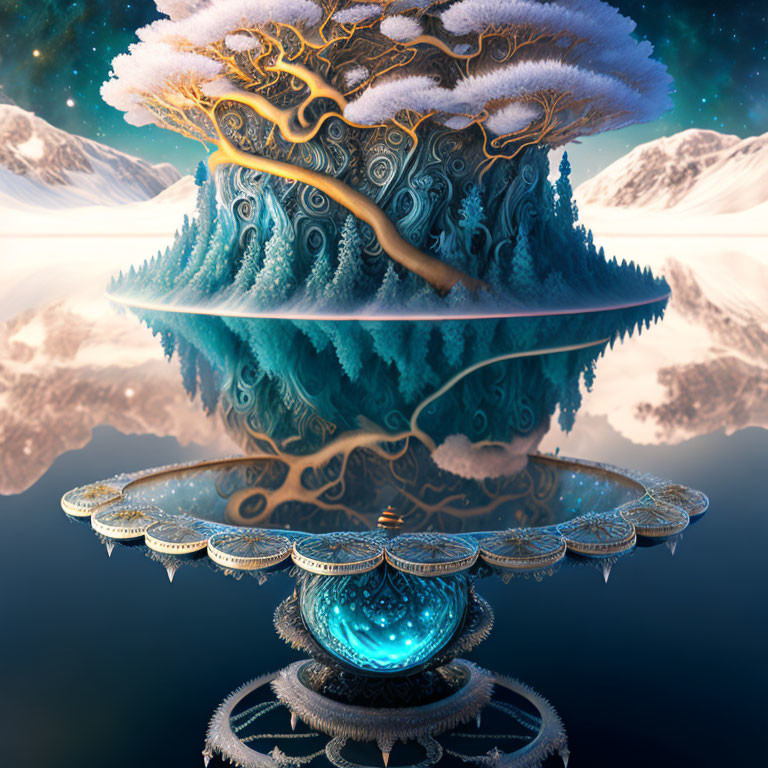 Surreal floating island with ornate tree on mirrored pedestal in snowy landscape