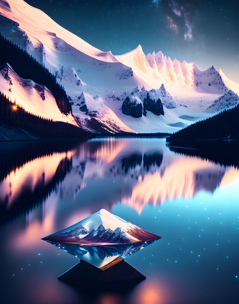 Mountain landscape reflected in lake at dusk with book merging reality and imagination