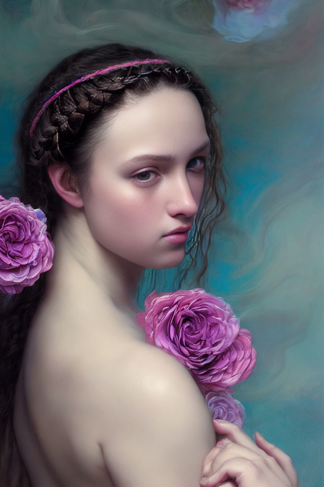 Portrait of Woman with Braided Hair and Purple Roses on Soft Blue Background