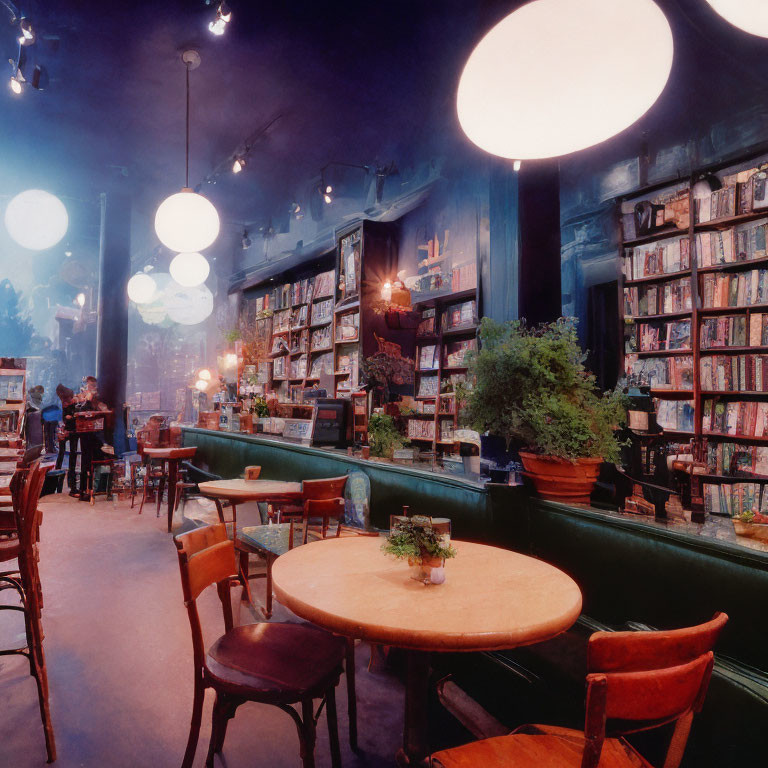 Blue-walled bookstore cafe with book-lined shelves, wooden tables, and browsing customers