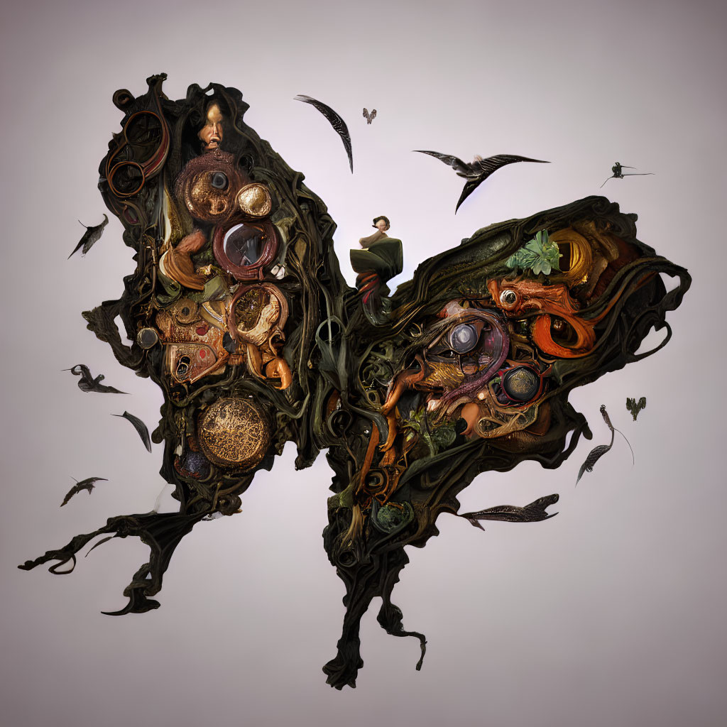 Man standing on surreal butterfly-wing artwork with birds evoking fantasy atmosphere