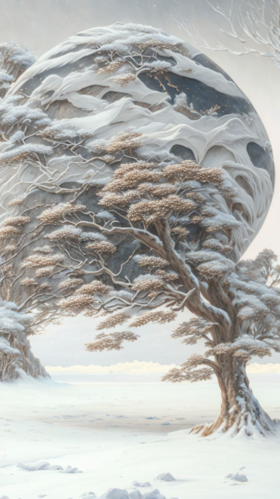 Twisted tree in snowy landscape with surreal moon