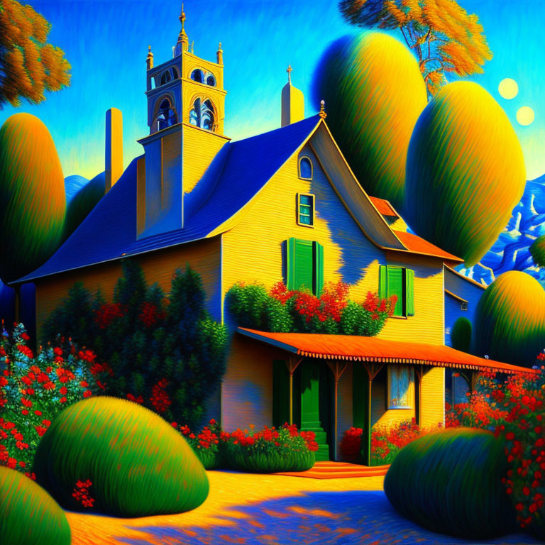 Colorful artwork: Yellow house with clock tower in lush garden landscape