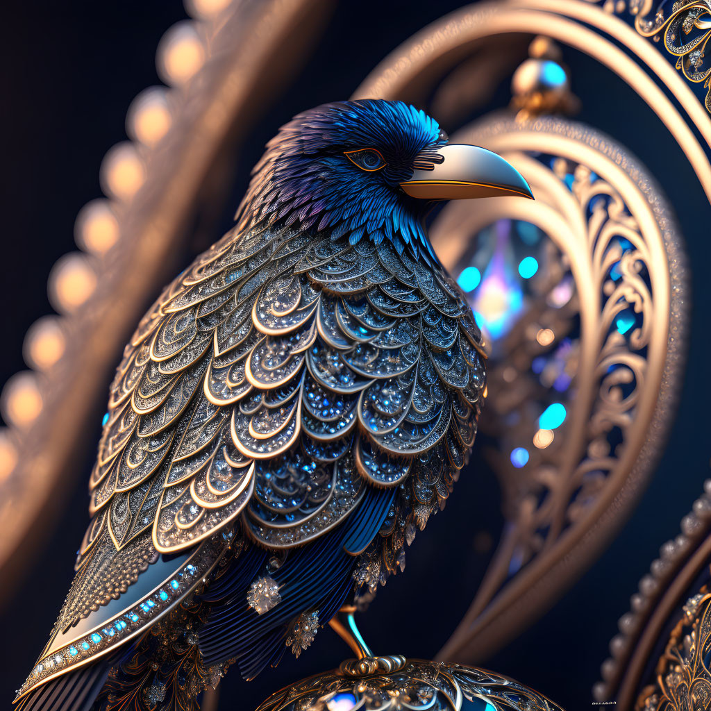 Detailed Metallic Blue Raven on Golden Filigree Structure under Soft Lighting