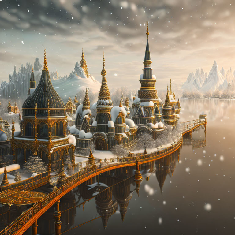 Snowy landscape with golden-domed buildings, bridge, and river at twilight