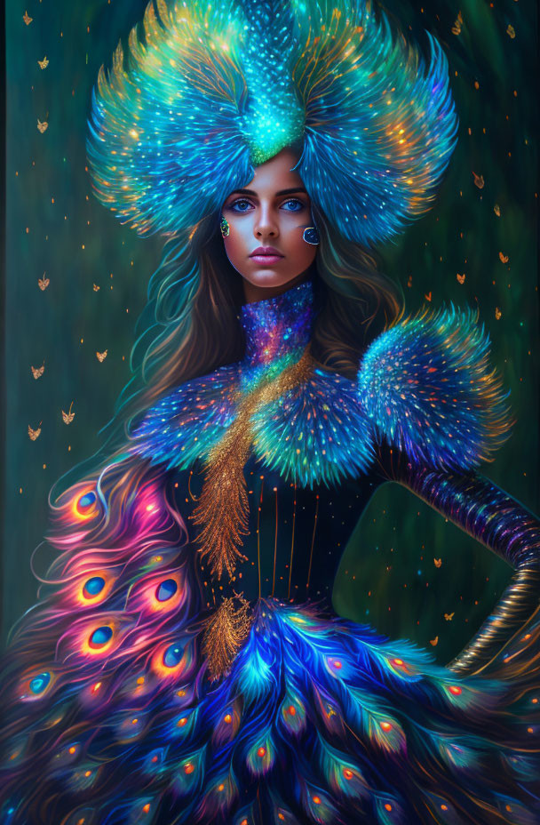 Fantastical woman in peacock feather attire with golden butterflies on dark backdrop