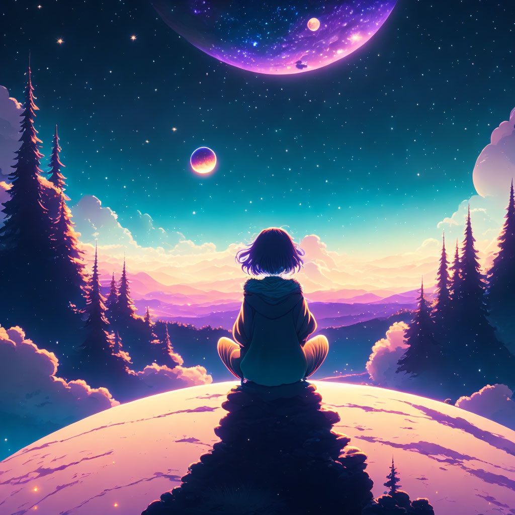 Person overlooking fantastical landscape with giant planets and forest silhouette