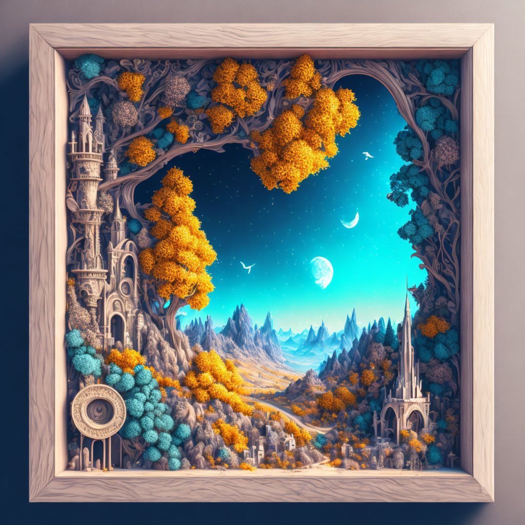 Three-dimensional fantasy landscape artwork with castle, trees, and starry night sky.