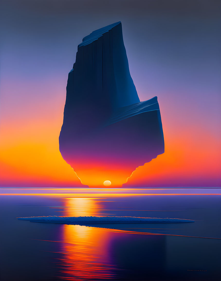 Surreal sunset with monolithic rock in sea against gradient sky