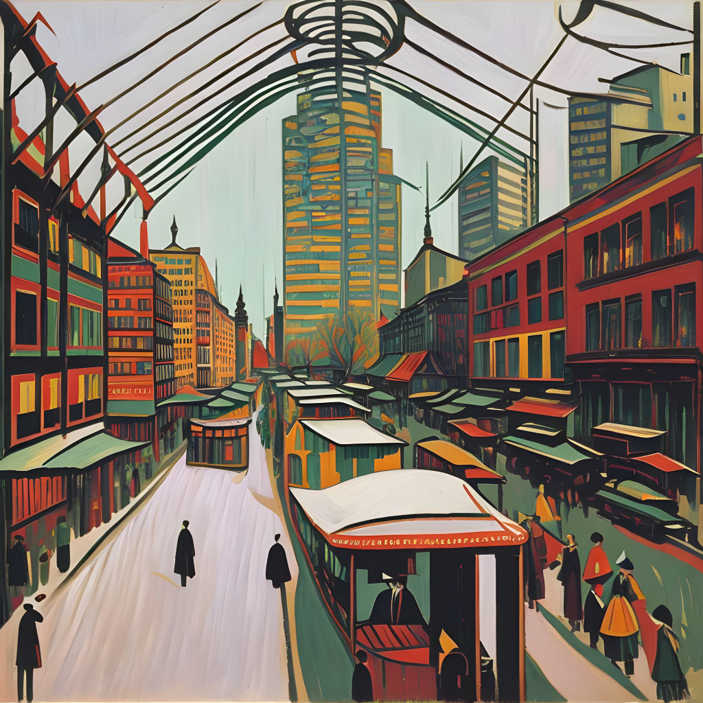 Stylized cityscape painting with bustling street, pedestrians, trams, tall buildings, and ar