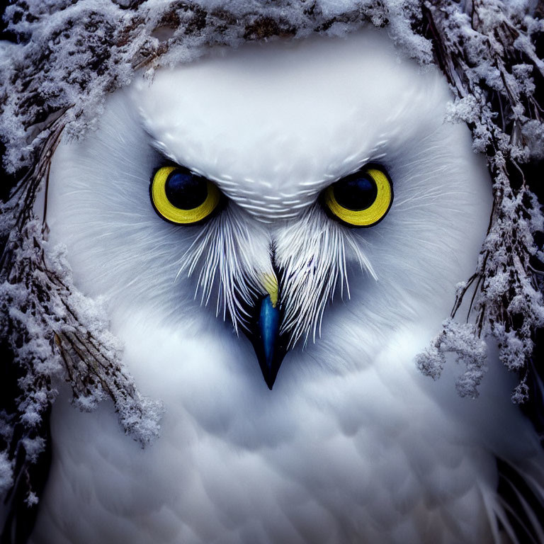 Snowy Owl Close-Up: Piercing Yellow Eyes and Snow-Dusted Feathers