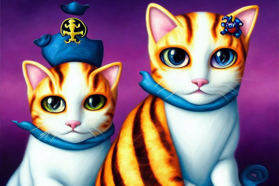 Stylized orange and white striped cats with unique accessories