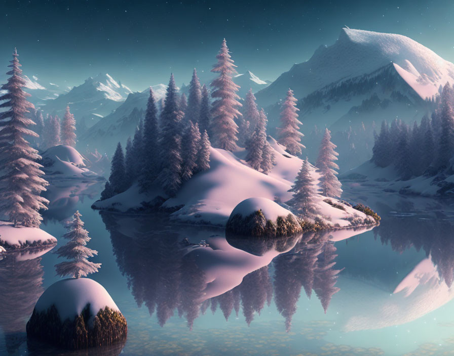 Snow-covered Trees and Mountains Reflecting in Still Lake at Twilight