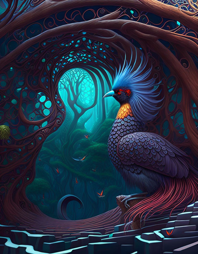 Colorful stylized bird in fantastical, vibrant environment with mystical shapes