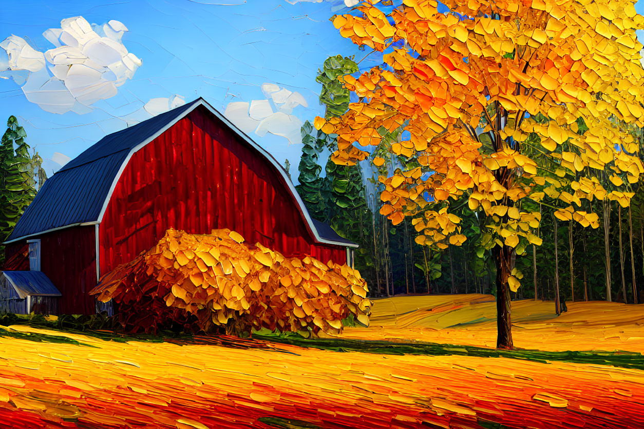 Colorful autumn landscape with red barn and golden trees