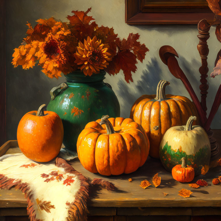 Four pumpkins, green vase, autumn flowers on wooden table with scattered leaves