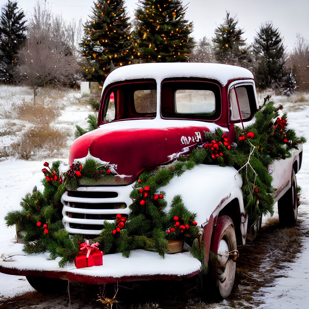 Vintage Red and White Christmas Pickup Truck in Snowy Winter Scene