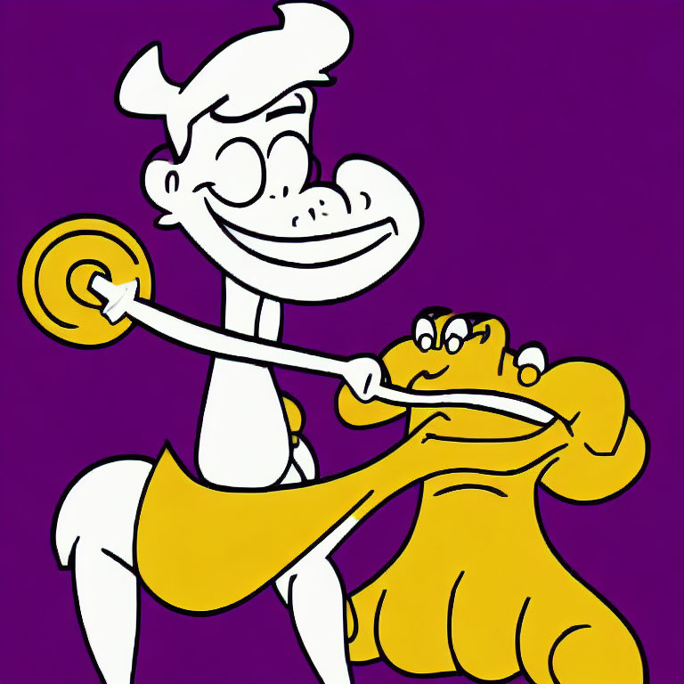 Smiling cartoon man lifting weight with yellow character on purple background