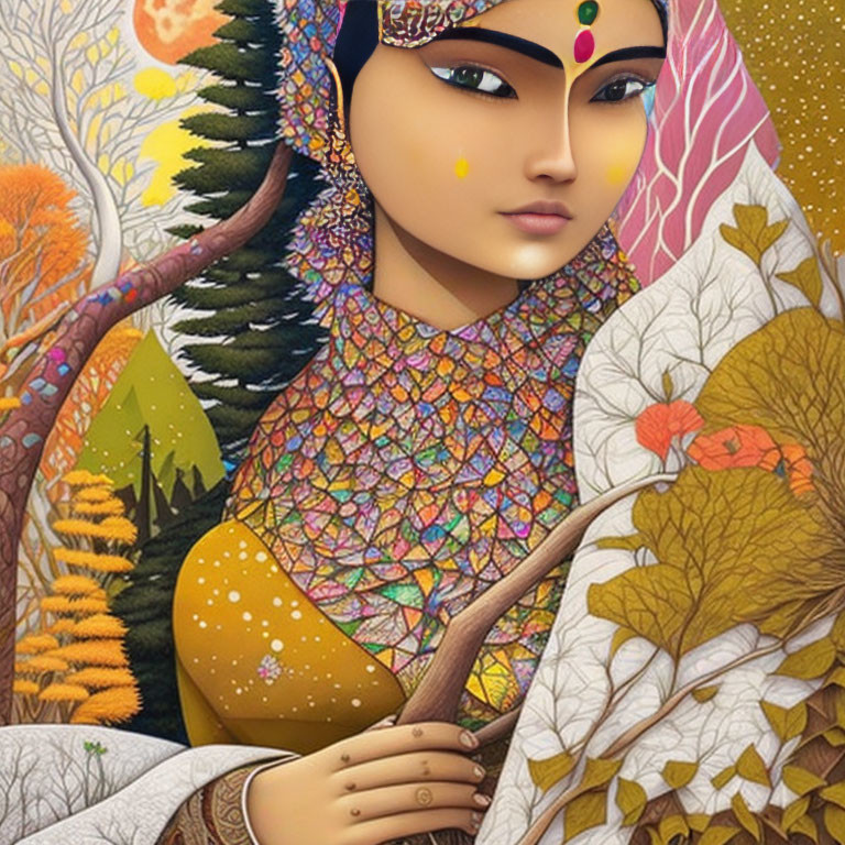 Colorful mosaic design on woman in traditional attire among intricate trees