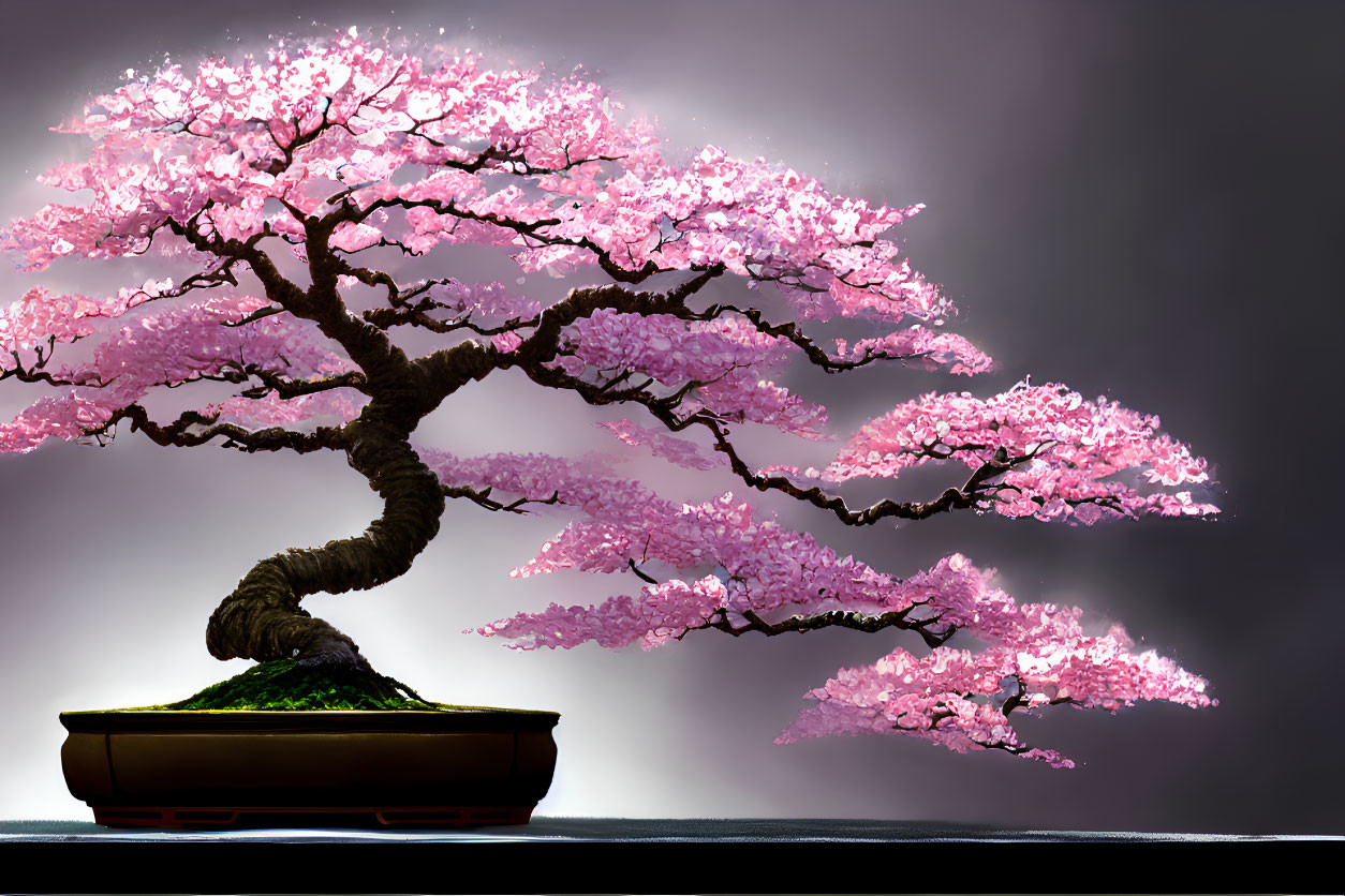 Miniature Bonsai Tree with Pink Cherry Blossoms on Gray Background