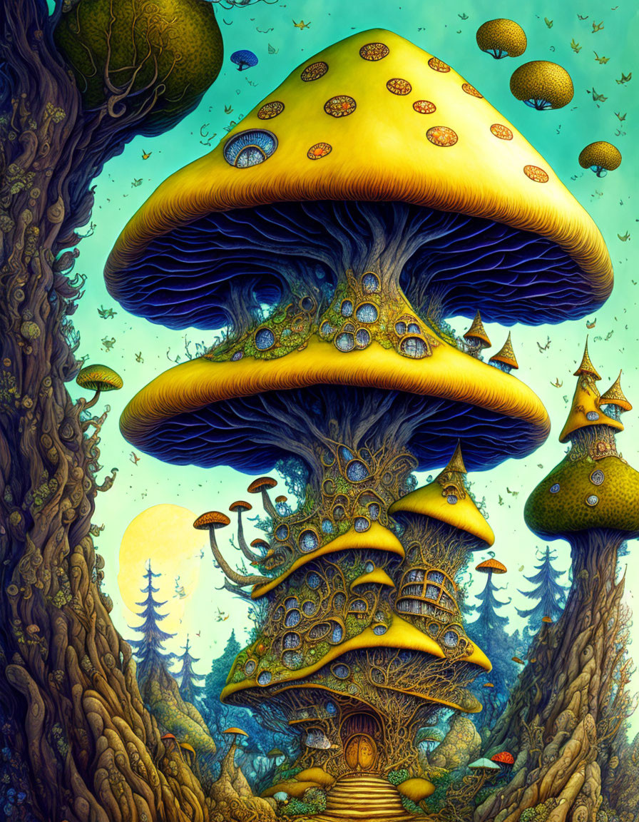 Whimsical mushroom village under starry sky