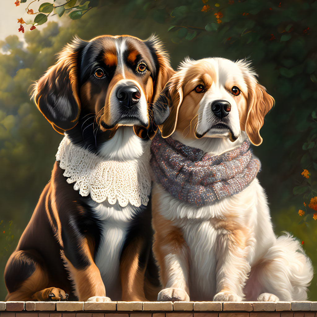 Two dogs in knitted scarves pose in autumnal setting.