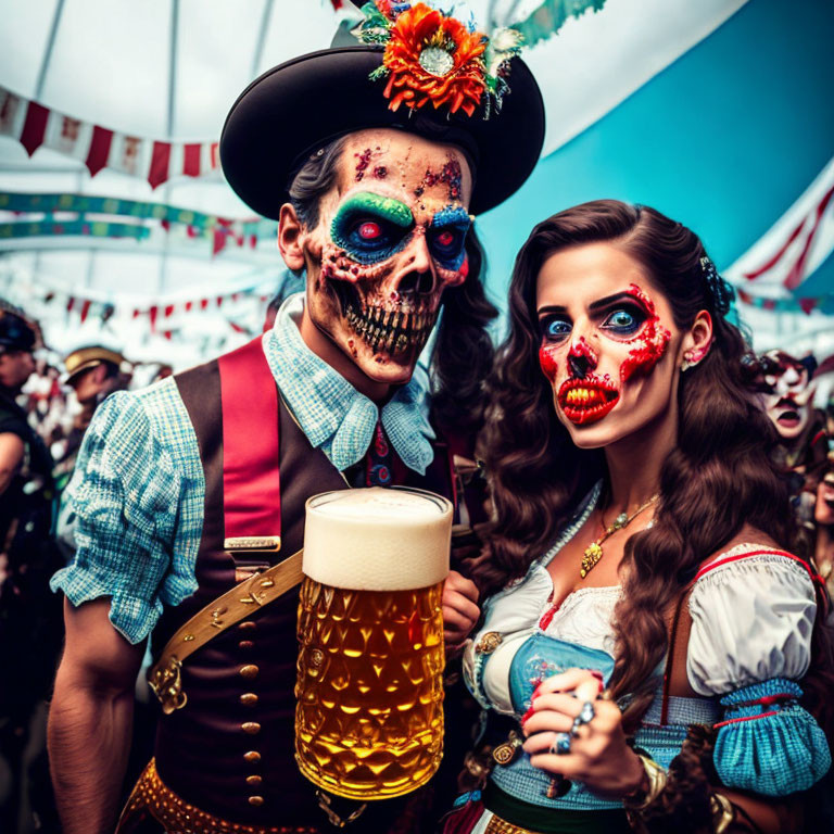 Couple in Day of the Dead makeup in Bavarian attire at festive event