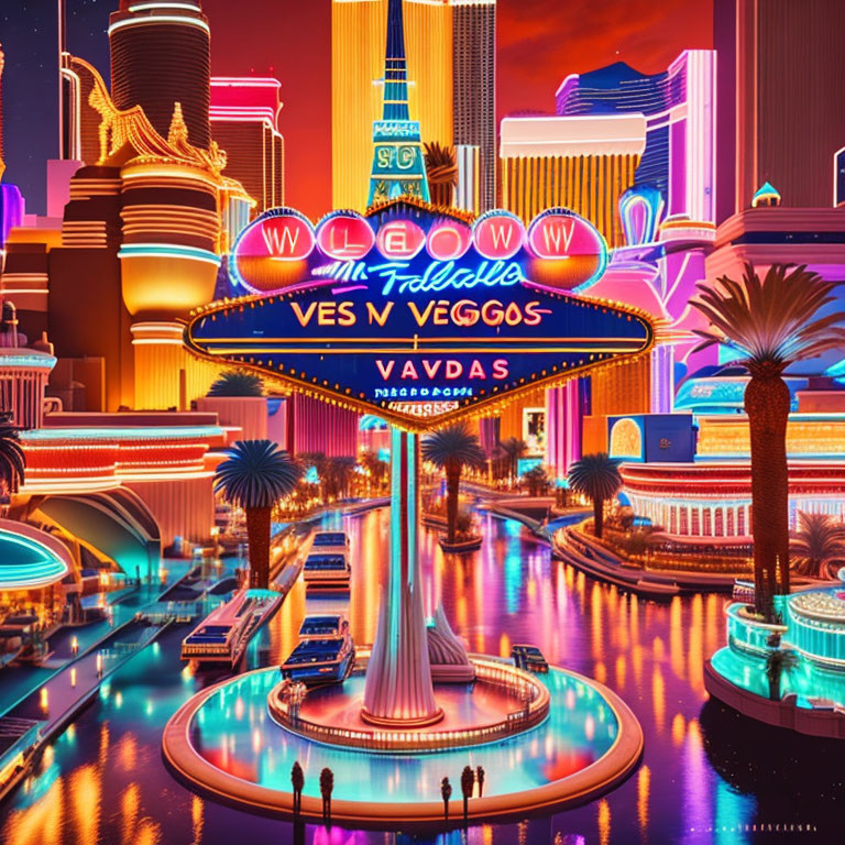 Colorful Las Vegas Strip Night Scene with Casinos and Sign