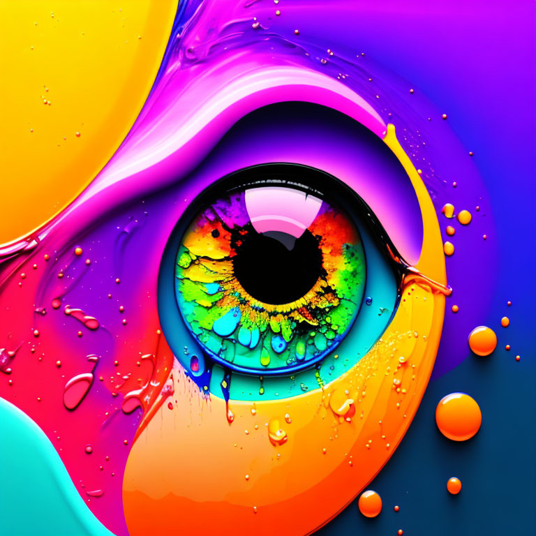 Colorful digital art: Stylized eye with multicolored iris in swirling rainbow liquids