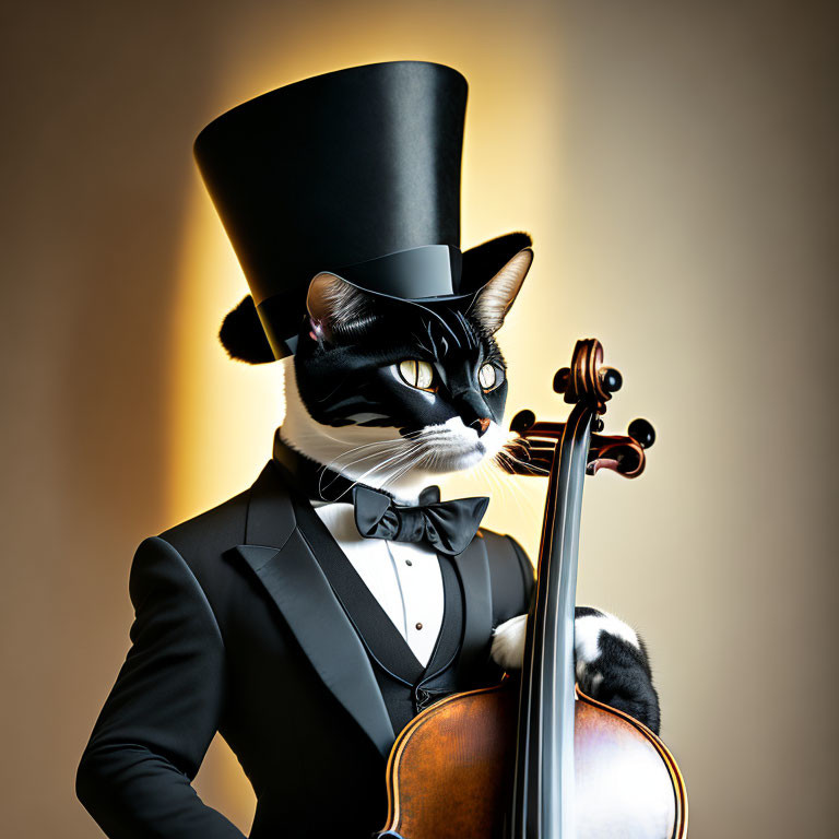 Sophisticated cat in black top hat and tuxedo with cello on warm backdrop