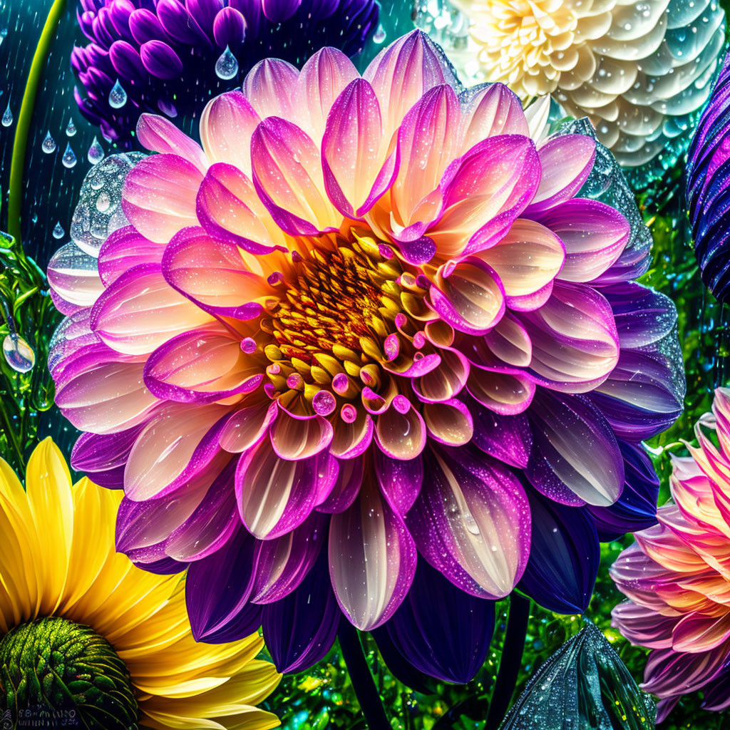 Close-up of dew-kissed pink and yellow dahlia in vibrant floral scene