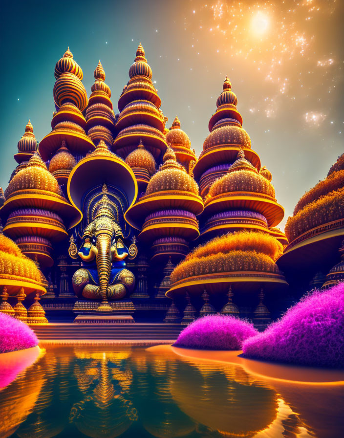 Fantasy palace with ornate towers and elephant head facade by purple water body