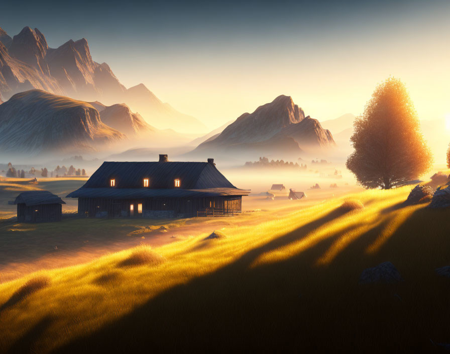 Rural farmhouse in golden sunrise landscape with mist and mountains