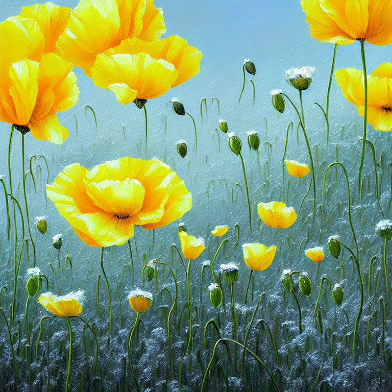 Yellow poppies in lush field under blue sky