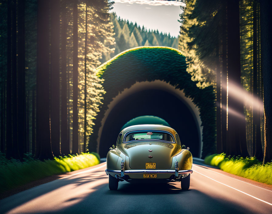 Vintage Car Driving Through Sunlit Tunnel Entrance with Tall Trees