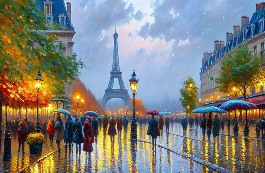 Colorful painting of people with umbrellas in Paris rain, fall foliage, Eiffel Tower.