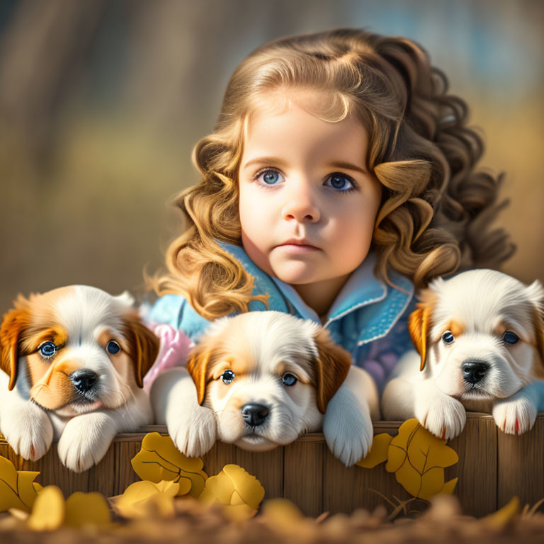 Curly-Haired Girl with Puppies in Autumn Setting