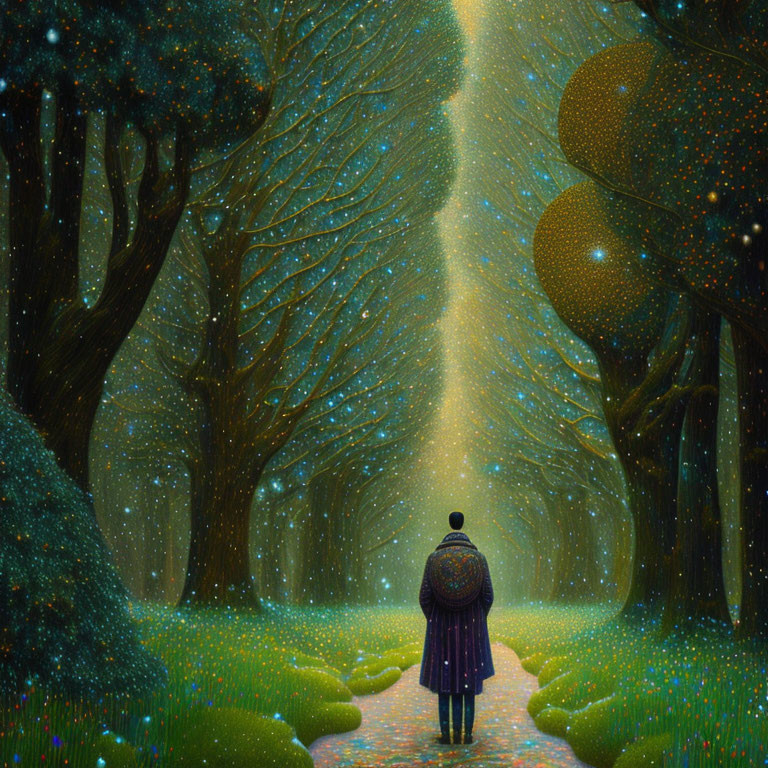 Enchanting forest path with lone figure under radiant beam