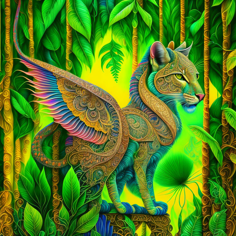 Colorful mythical cat creature with ornate wings in lush jungle setting