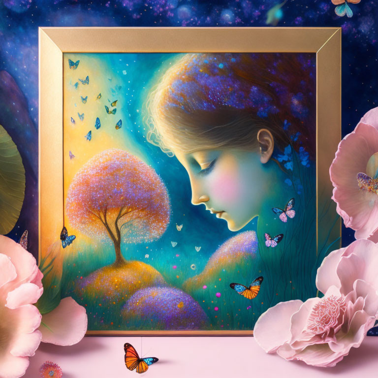 Colorful Girl Surrounded by Butterflies and Flowers in Starry Frame