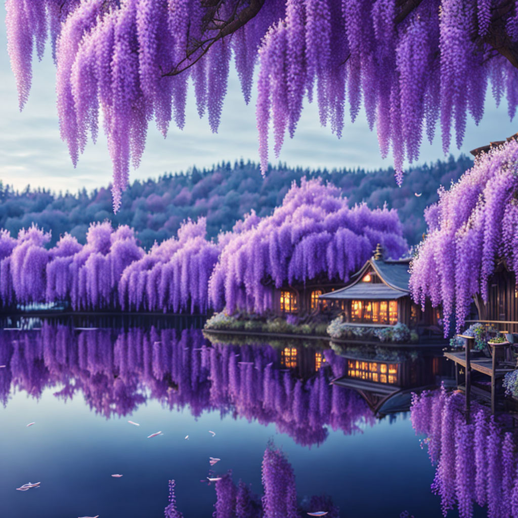 Tranquil lakeside house with blooming wisteria trees and hills at dusk