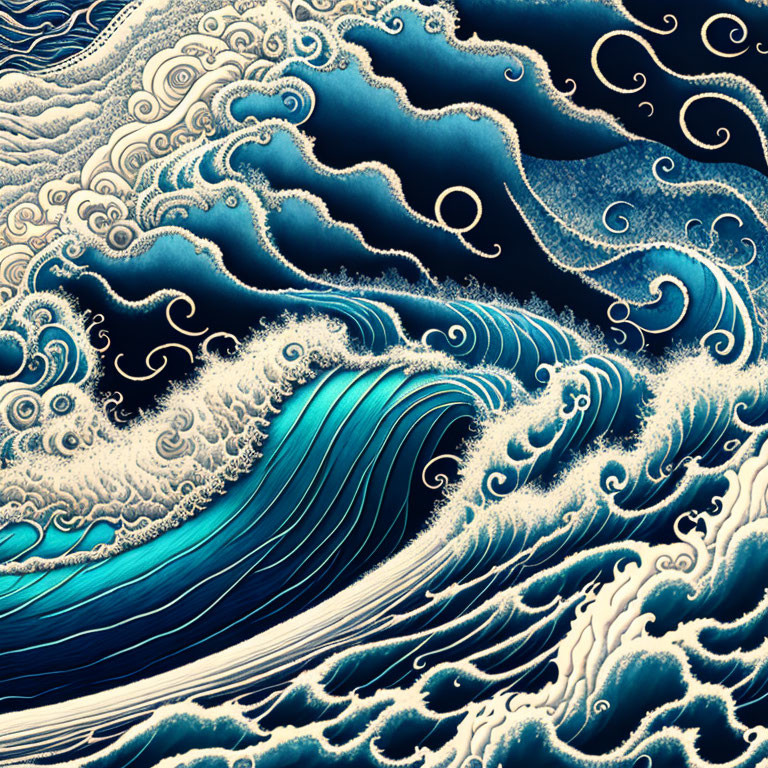 Stylized ocean waves with intricate patterns and curling foam in shades of blue