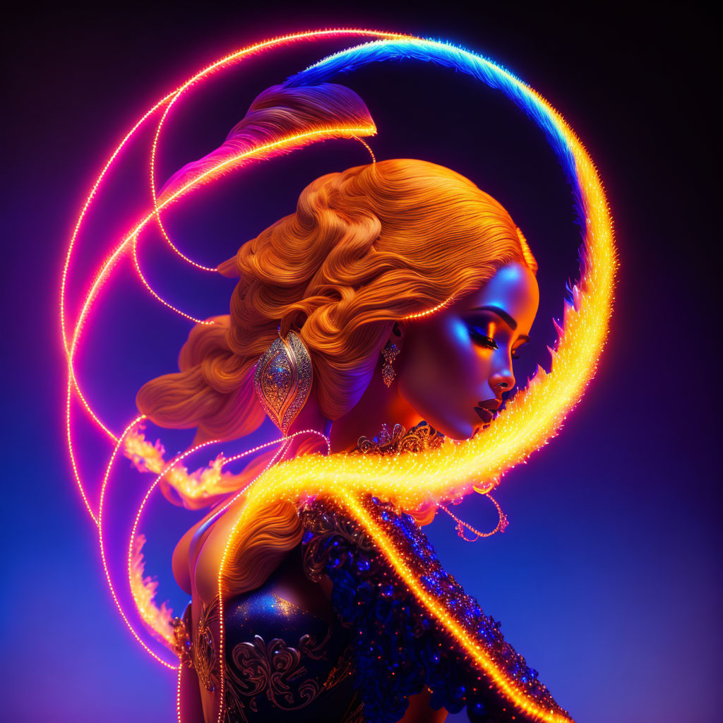 Vivid digital artwork: Woman with golden hair in neon lights