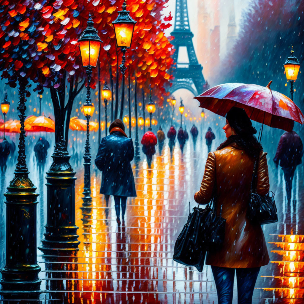 Person with red umbrella on rainy street with orange trees and Eiffel Tower.