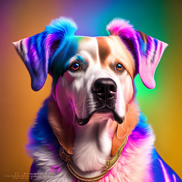 Colorful Dog Digital Artwork with Blue Eyes and Gold Chain on Gradient Background