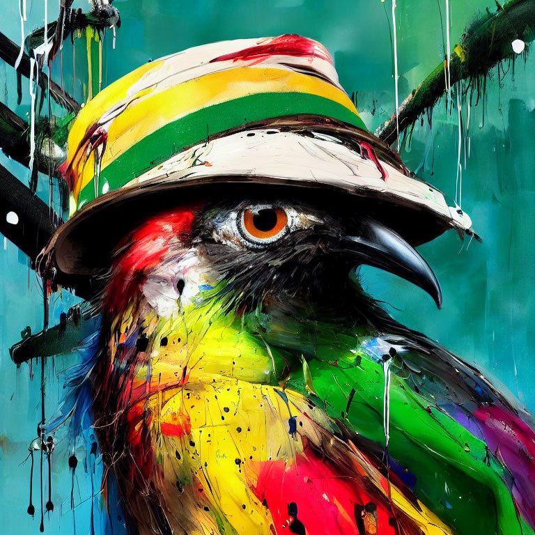 Colorful Bird with Striped Hat in Vibrant Paint Splashes on Teal Background