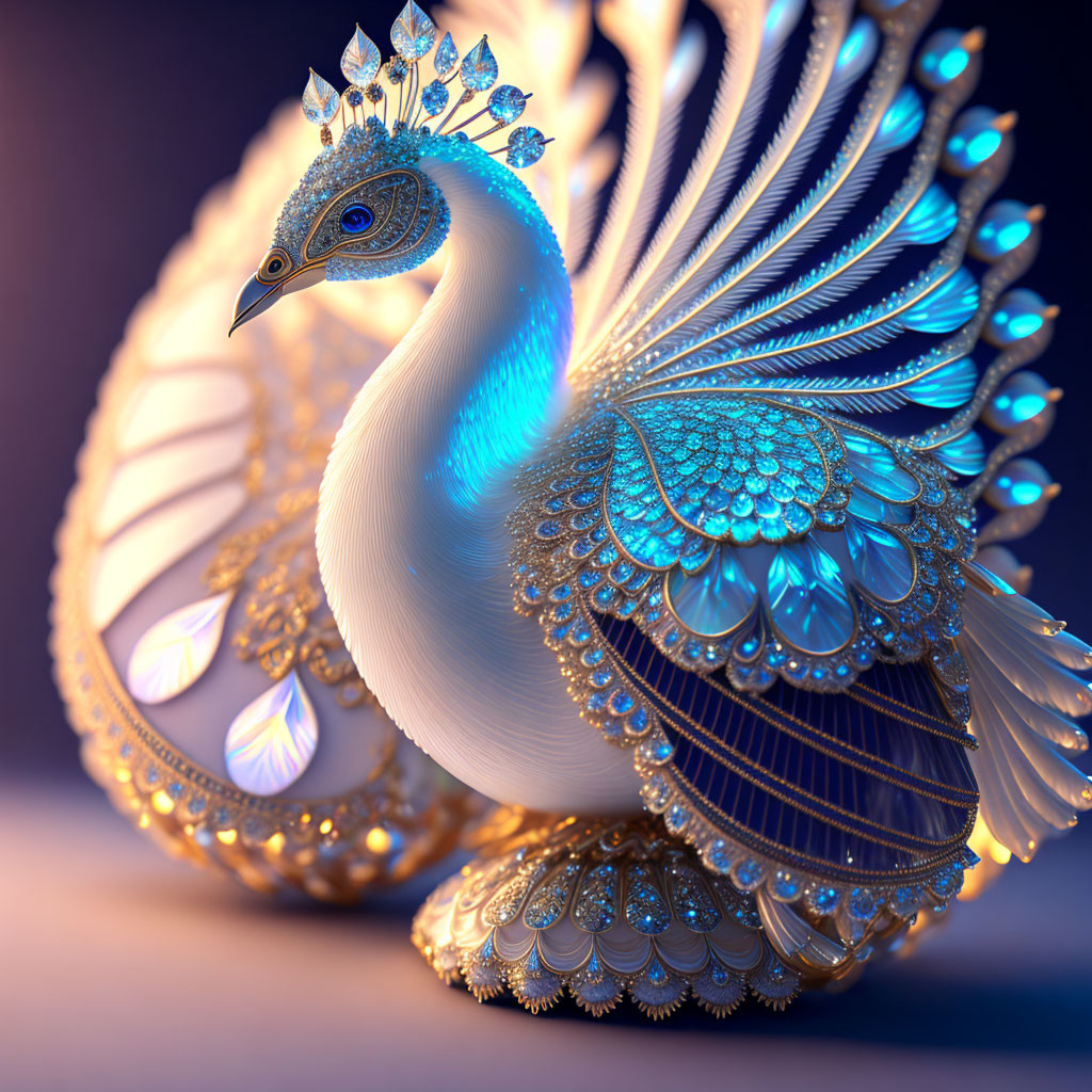 Intricately Designed Digital Artwork of Peacock with Golden and Turquoise Plumage